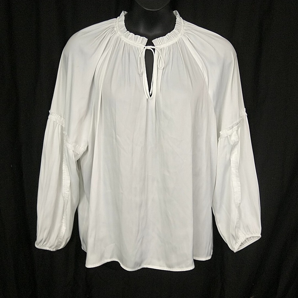 Lane Bryant Blouse Womens 18/20 White Ruffle Tie Neck Long Sleeve Peasant Top